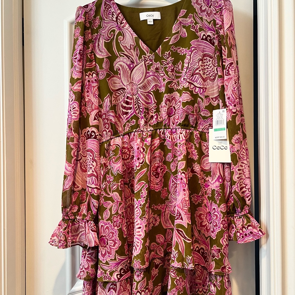 CeCe Ruffled Bell Sleeve Pink and Green Sundress